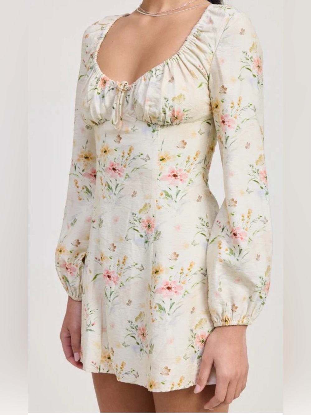 Emory Park Cream Floral Puff-Sleeve Mini Dress Ruched Sweetheart Neckline Small - Picture 2 of 13